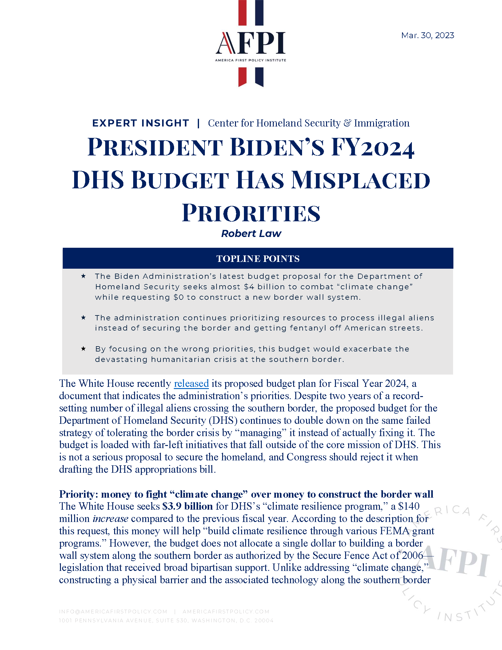 President Biden’s FY2024 DHS Budget Has Misplaced Priorities Issues