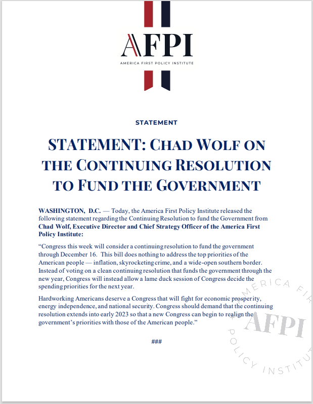 STATEMENT Chad Wolf on the Continuing Resolution to Fund the